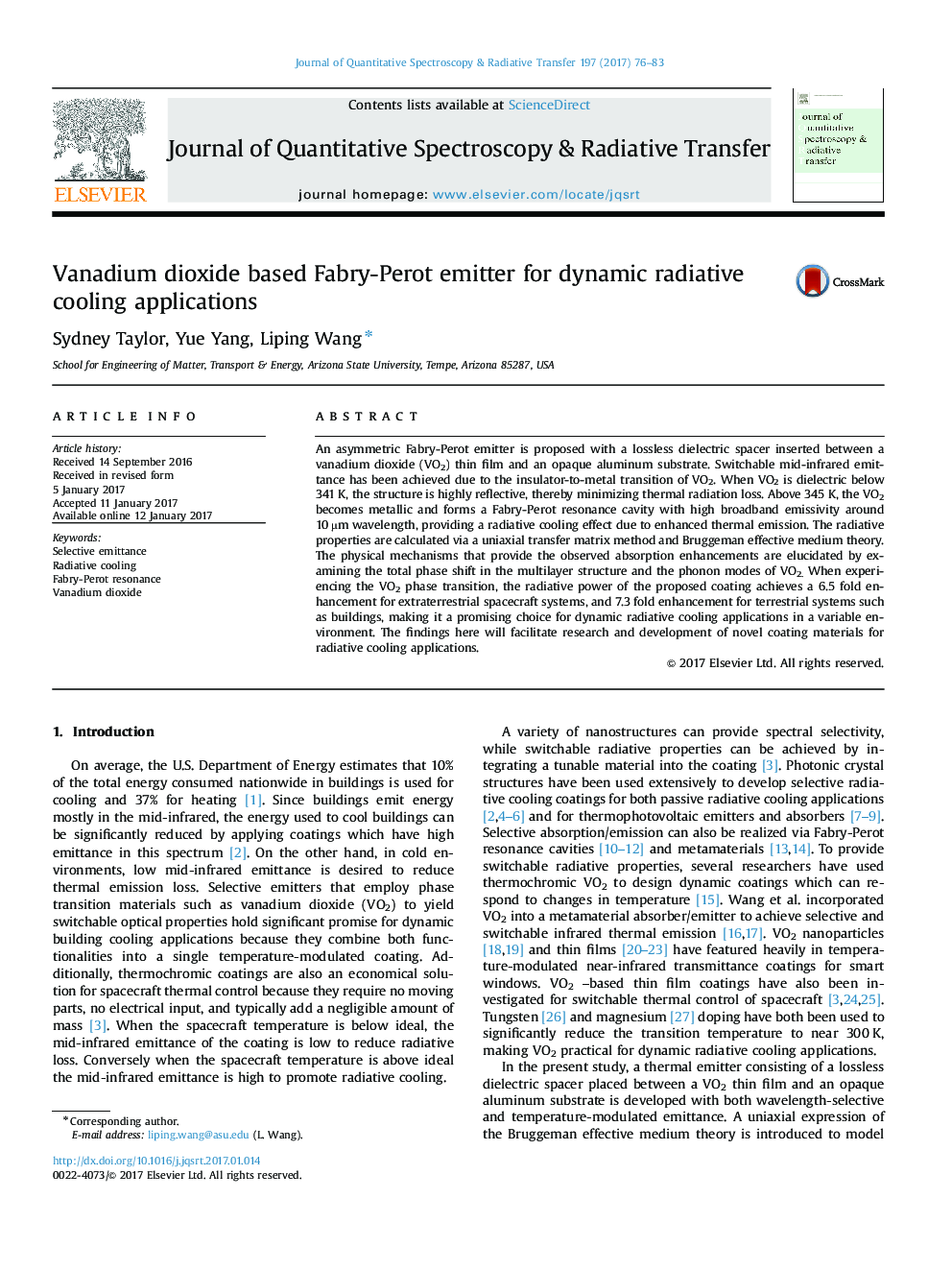 Vanadium dioxide based Fabry-Perot emitter for dynamic radiative cooling applications