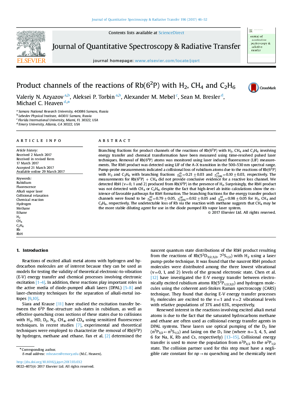 Product channels of the reactions of Rb(62P) with H2, CH4 and C2H6