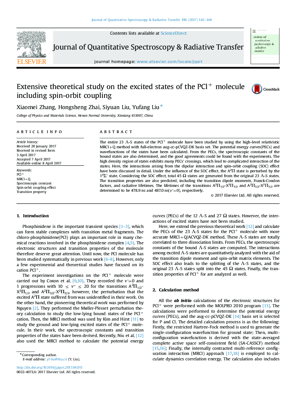 Extensive theoretical study on the excited states of the PCl+ molecule including spin-orbit coupling