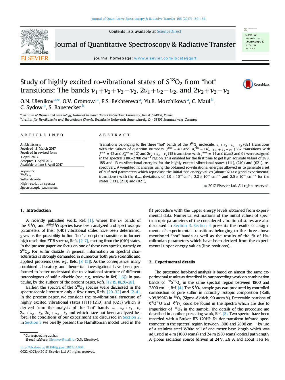 Study of highly excited ro-vibrational states of S18O2 from “hot” transitions: The bands Î½1+Î½2+Î½3âÎ½2, 2Î½1+Î½2âÎ½2, and 2Î½2+Î½3âÎ½2