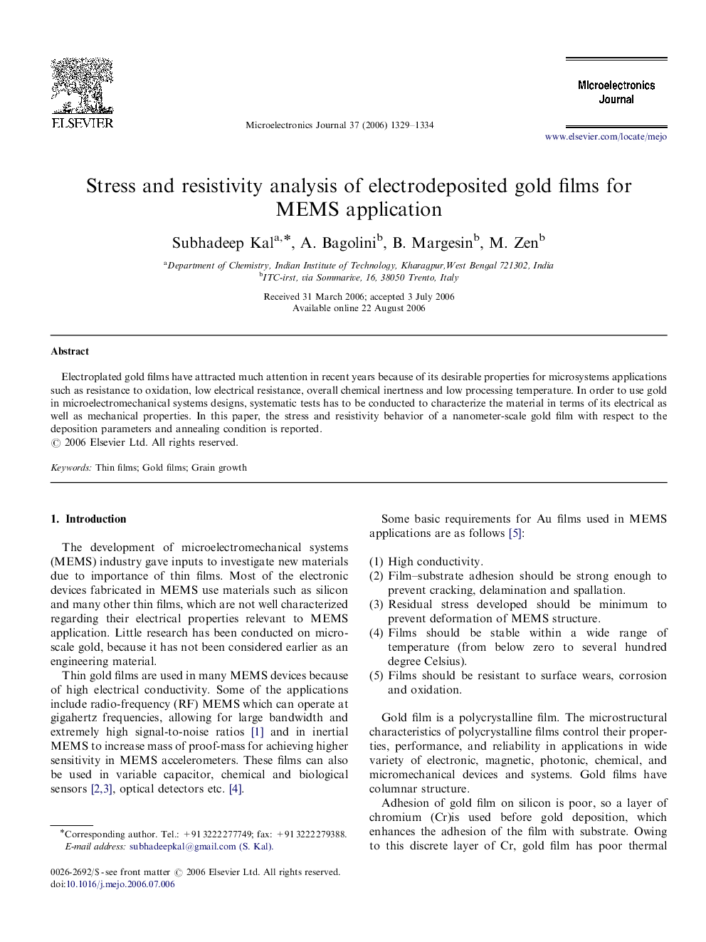 Stress and resistivity analysis of electrodeposited gold films for MEMS application