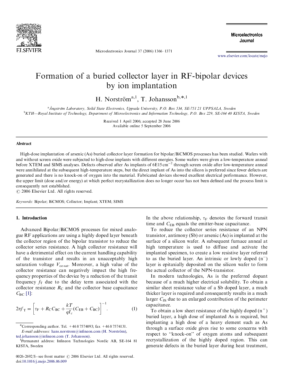 Formation of a buried collector layer in RF-bipolar devices by ion implantation