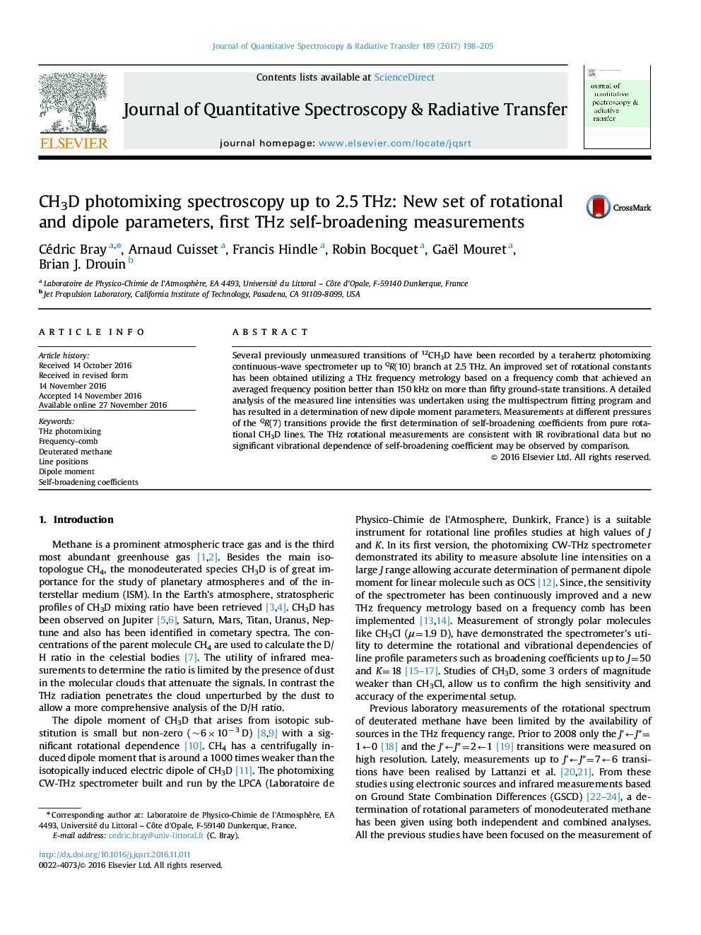 CH3D photomixing spectroscopy up to 2.5 THz: New set of rotational and dipole parameters, first THz self-broadening measurements