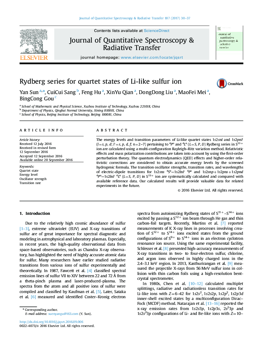 Rydberg series for quartet states of Li-like sulfur ion