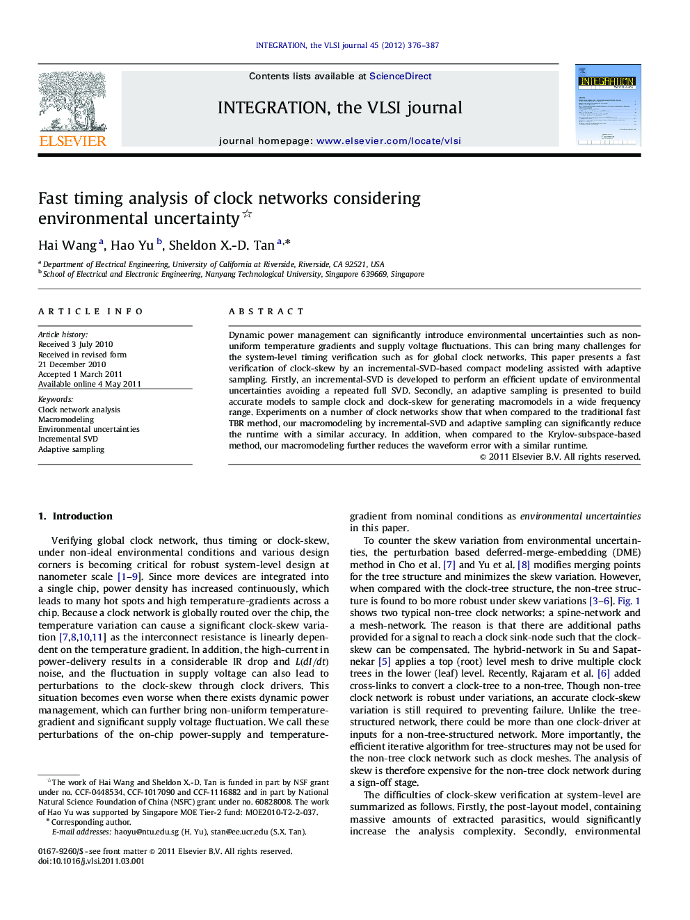 Fast timing analysis of clock networks considering environmental uncertainty 