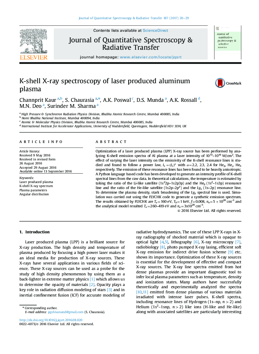 K-shell X-ray spectroscopy of laser produced aluminum plasma