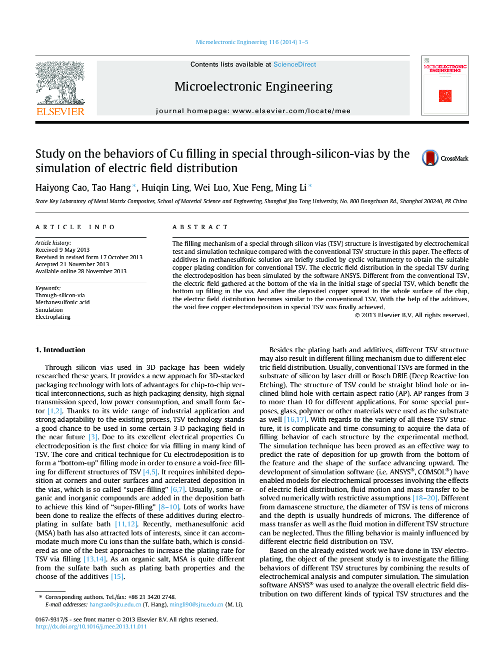 Study on the behaviors of Cu filling in special through-silicon-vias by the simulation of electric field distribution