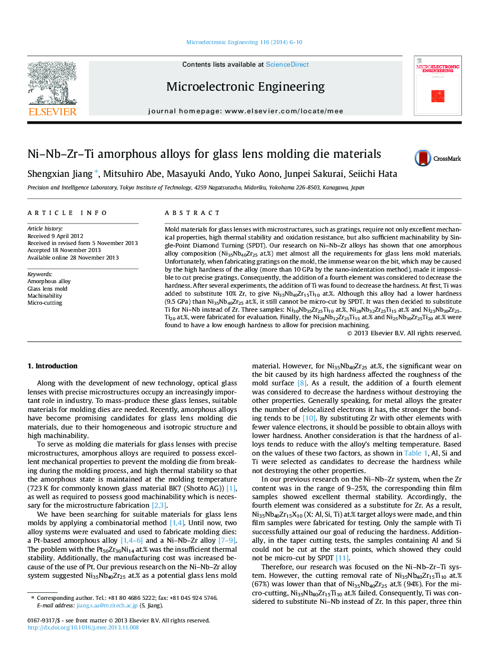 Ni–Nb–Zr–Ti amorphous alloys for glass lens molding die materials