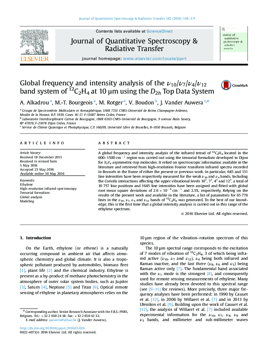 Global frequency and intensity analysis of the Î½10/Î½7/Î½4/Î½12 band system of 12C2H4 at 10 Î¼m using the D2h Top Data System