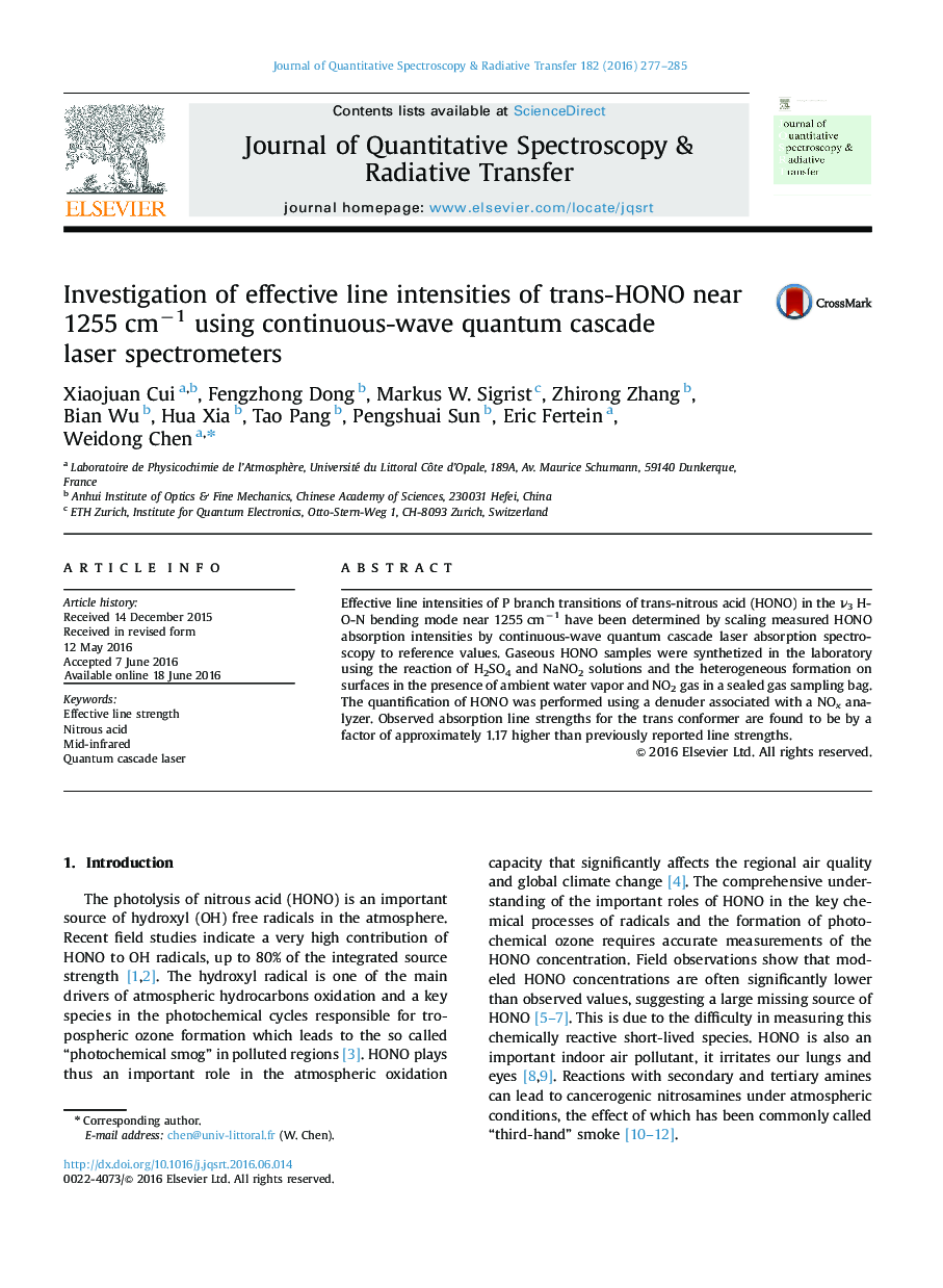 Investigation of effective line intensities of trans-HONO near 1255 cmâ1 using continuous-wave quantum cascade laser spectrometers