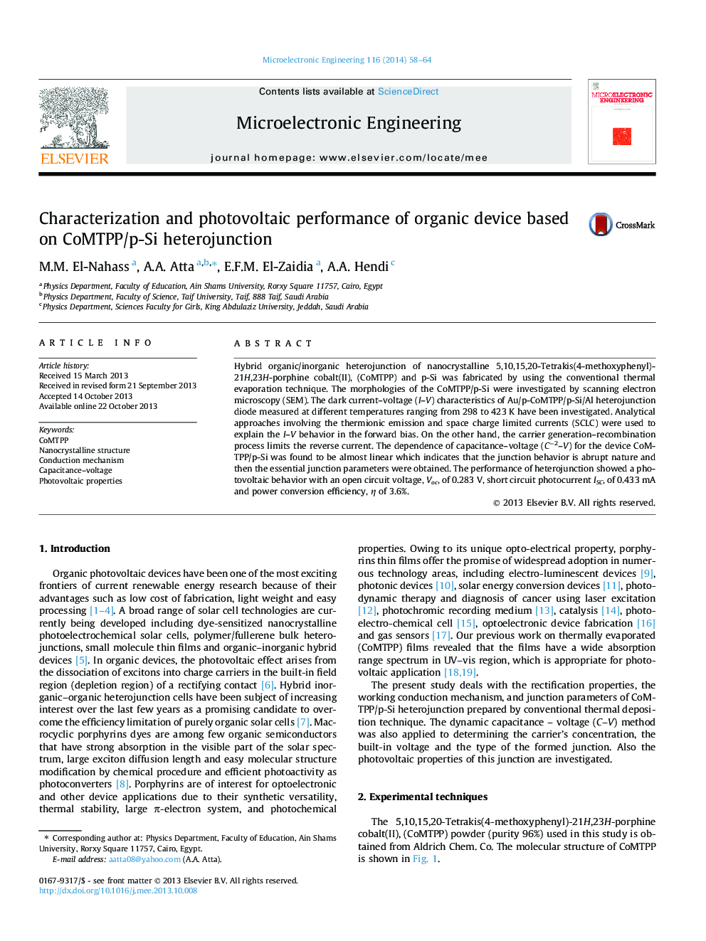 Characterization and photovoltaic performance of organic device based on CoMTPP/p-Si heterojunction