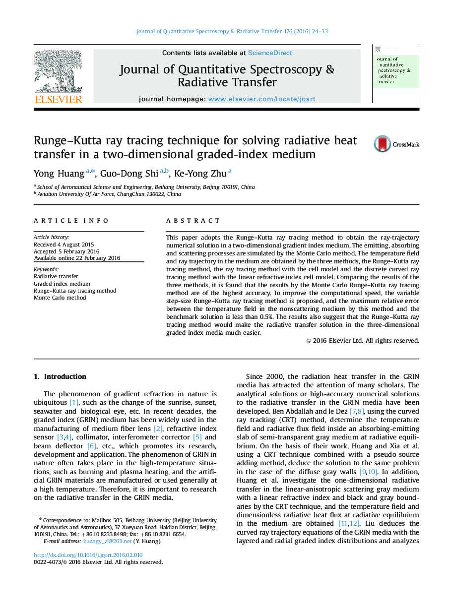 Runge-Kutta ray tracing technique for solving radiative heat transfer in a two-dimensional graded-index medium