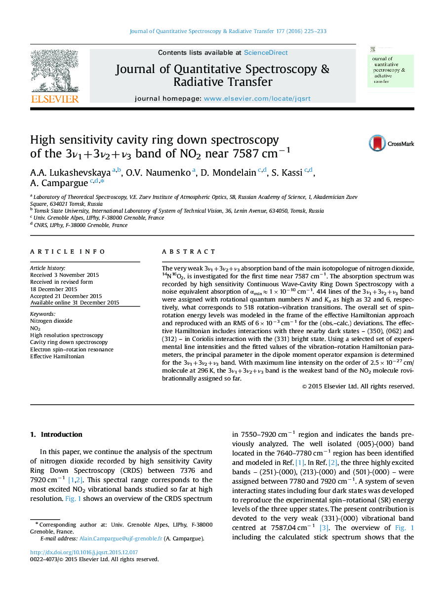 High sensitivity cavity ring down spectroscopy of the 3Î½1+3Î½2+Î½3 band of NO2 near 7587 cmâ1