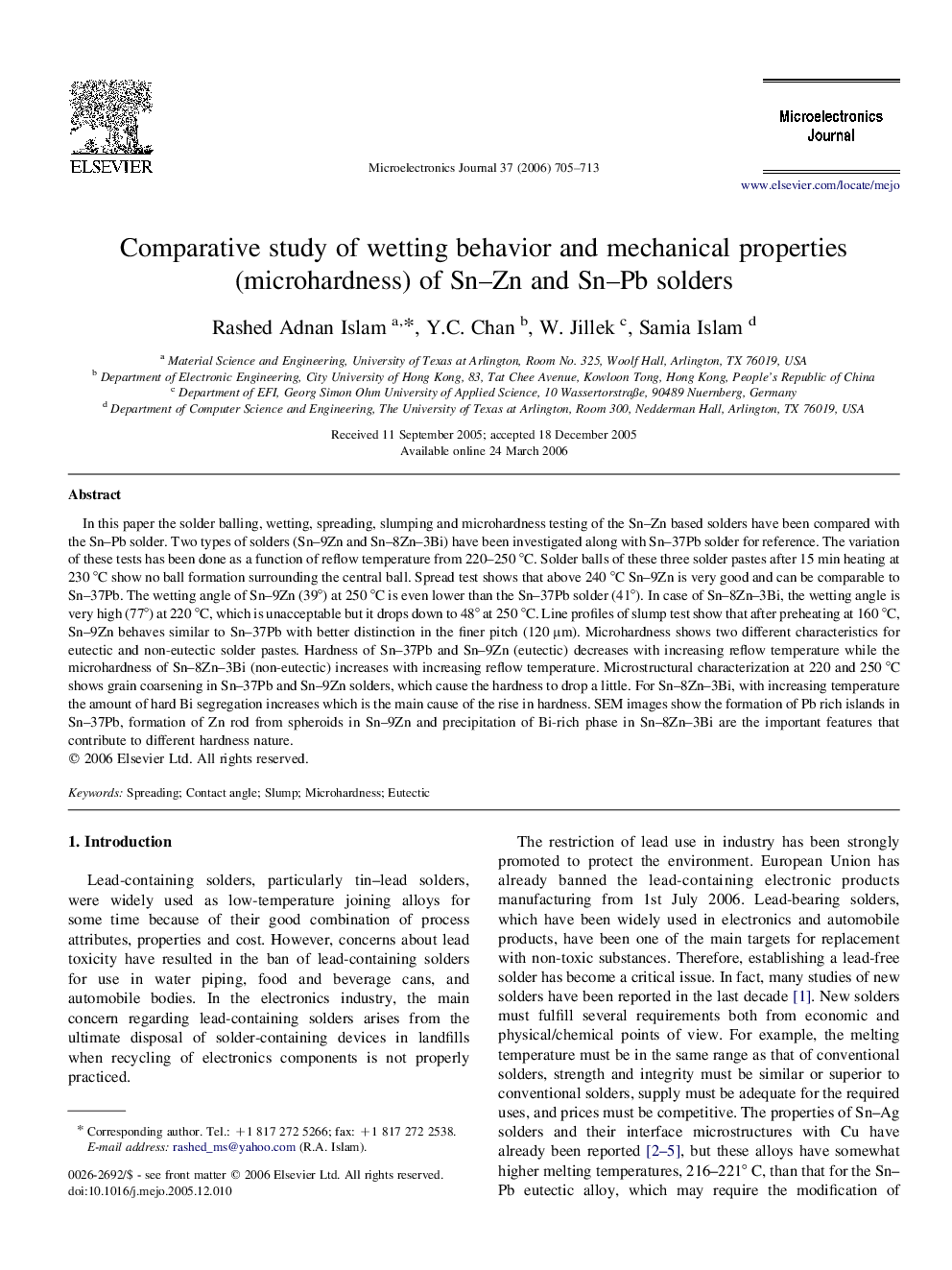 Comparative study of wetting behavior and mechanical properties (microhardness) of Sn–Zn and Sn–Pb solders