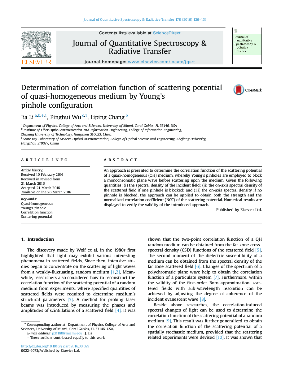 Determination of correlation function of scattering potential of quasi-homogeneous medium by Young×³s pinhole configuration