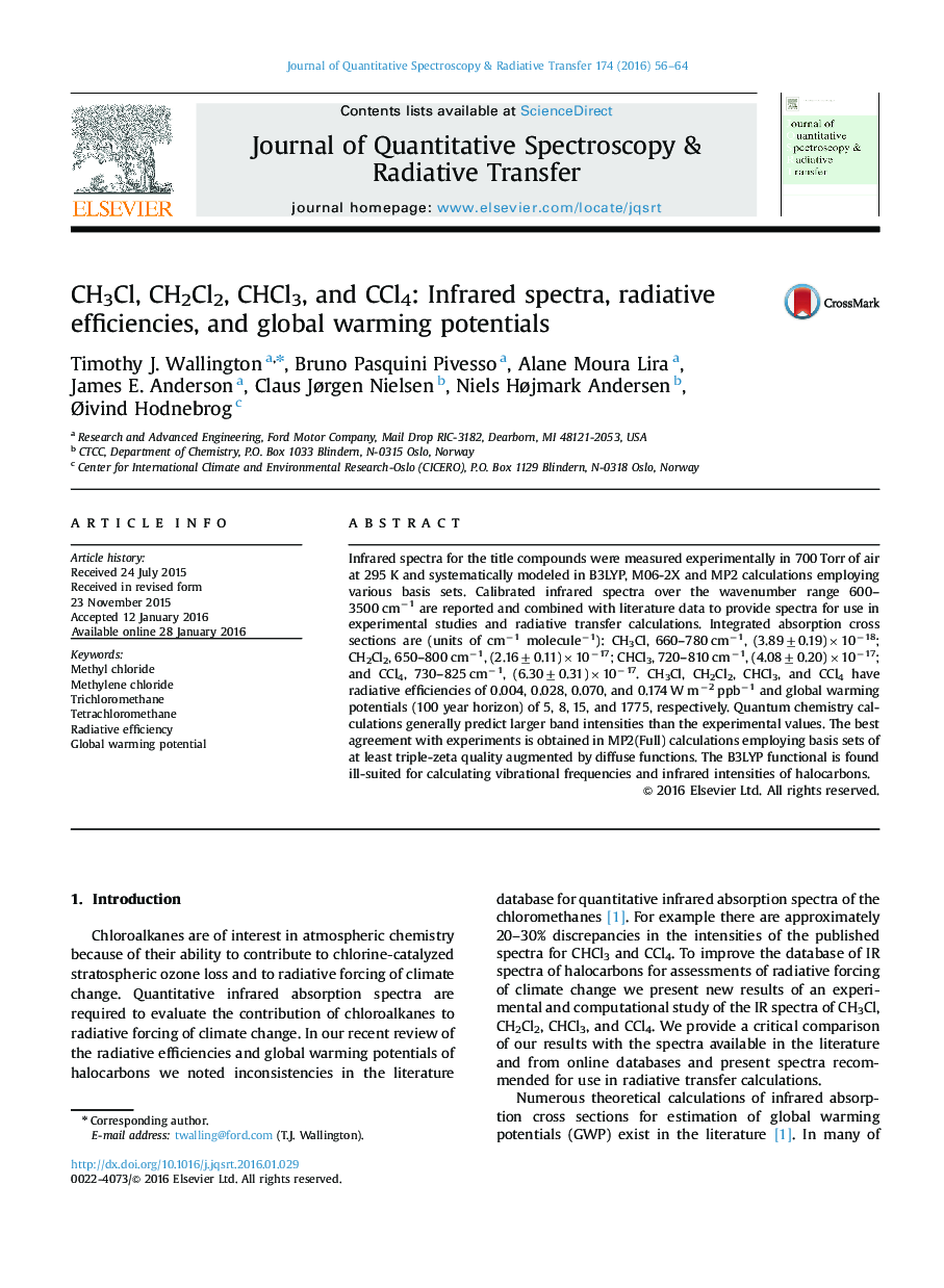 CH3Cl, CH2Cl2, CHCl3, and CCl4: Infrared spectra, radiative efficiencies, and global warming potentials