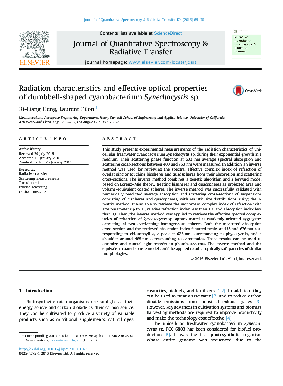 Radiation characteristics and effective optical properties of dumbbell-shaped cyanobacterium Synechocystis sp.