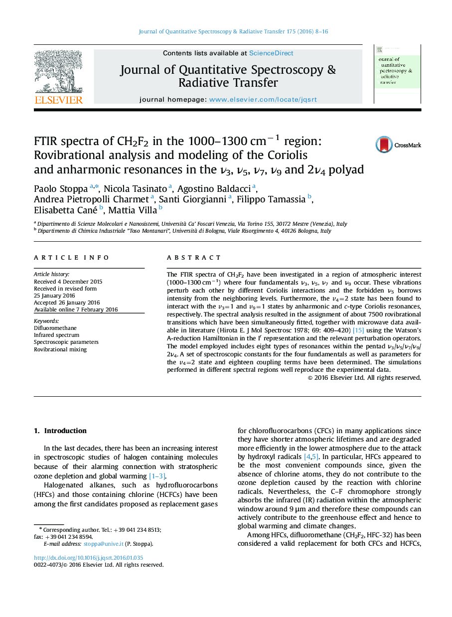 FTIR spectra of CH2F2 in the 1000-1300 cmâ1 region: Rovibrational analysis and modeling of the Coriolis and anharmonic resonances in the Î½3, Î½5, Î½7, Î½9 and 2Î½4 polyad