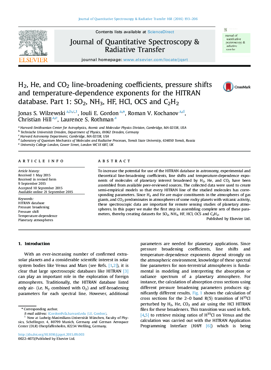 H2, He, and CO2 line-broadening coefficients, pressure shifts and temperature-dependence exponents for the HITRAN database. Part 1: SO2, NH3, HF, HCl, OCS and C2H2