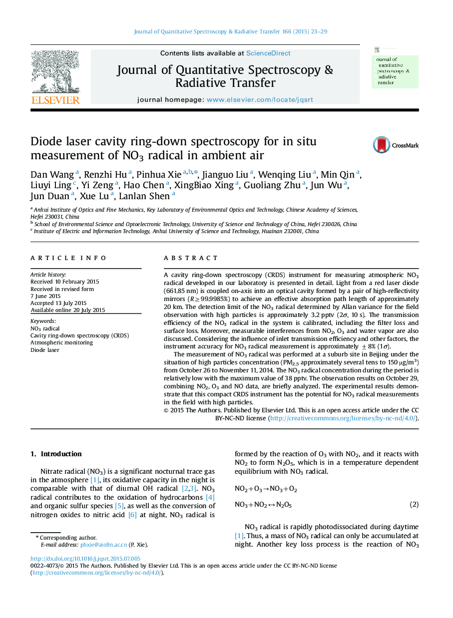 Diode laser cavity ring-down spectroscopy for in situ measurement of NO3 radical in ambient air