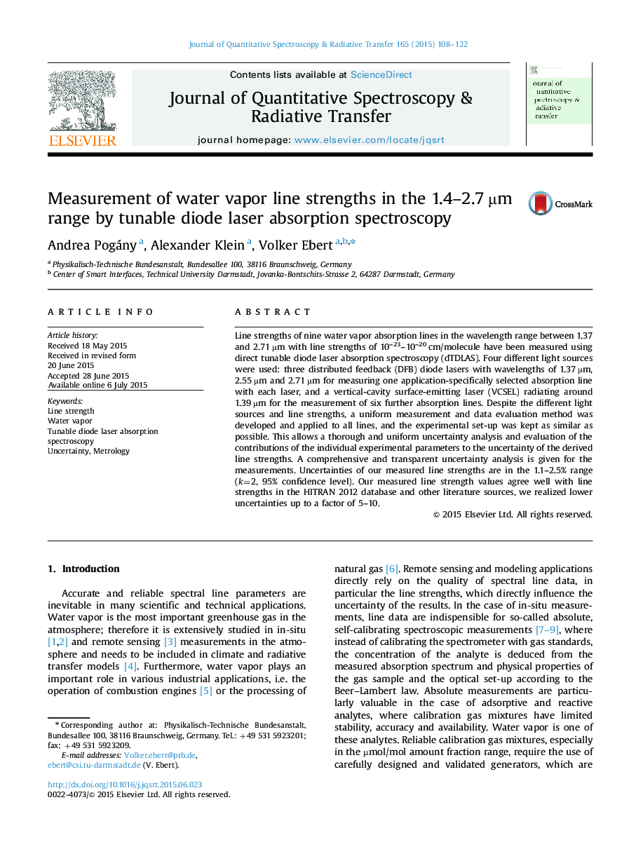 Measurement of water vapor line strengths in the 1.4-2.7 Âµm range by tunable diode laser absorption spectroscopy