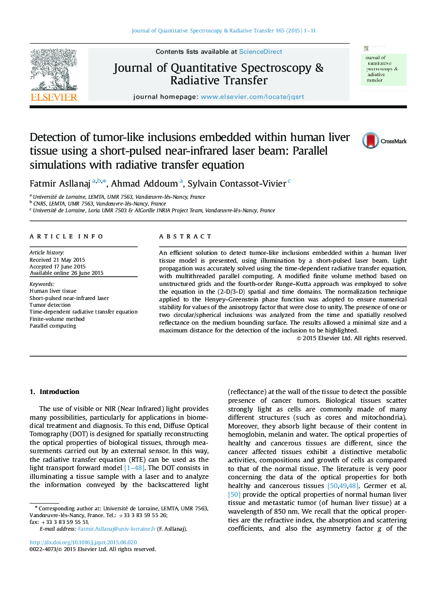 Detection of tumor-like inclusions embedded within human liver tissue using a short-pulsed near-infrared laser beam: Parallel simulations with radiative transfer equation