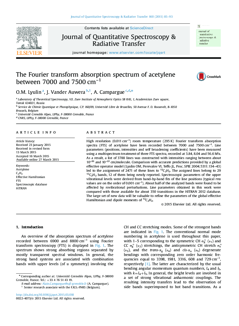 The Fourier transform absorption spectrum of acetylene between 7000 and 7500 cm-1