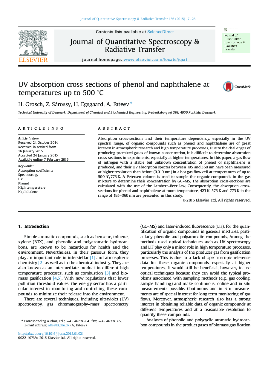 UV absorption cross-sections of phenol and naphthalene at temperatures up to 500 Â°C