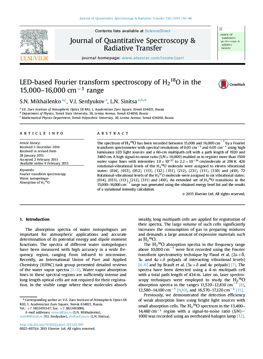 LED-based Fourier transform spectroscopy of H218O in the 15,000-16,000 cmâ1 range