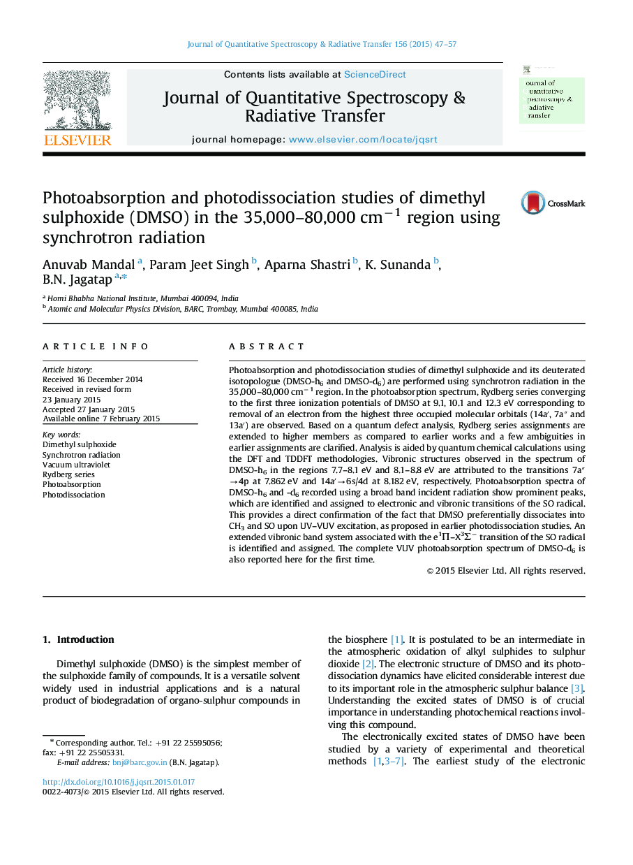 Photoabsorption and photodissociation studies of dimethyl sulphoxide (DMSO) in the 35,000-80,000 cmâ1 region using synchrotron radiation