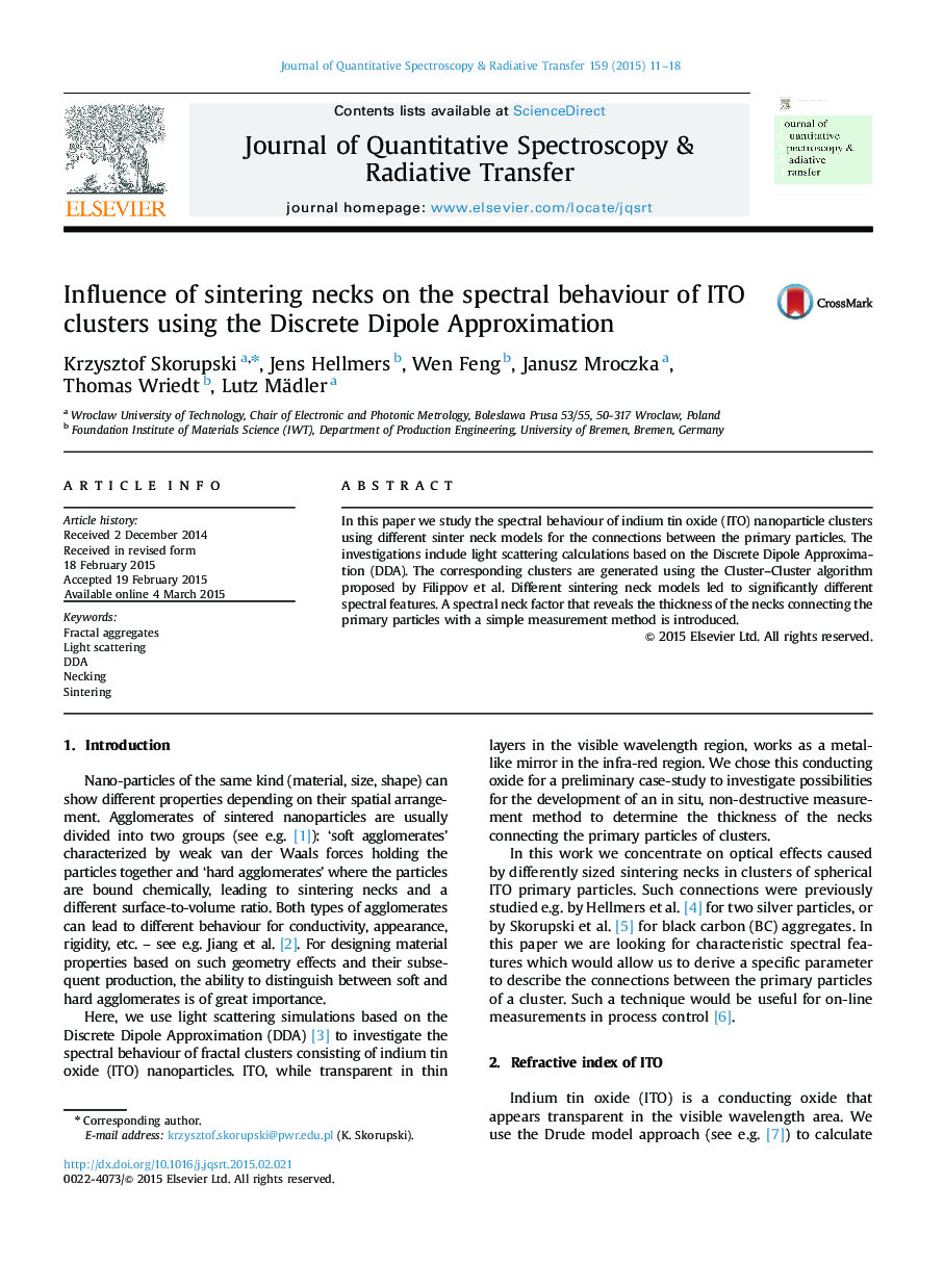 Influence of sintering necks on the spectral behaviour of ITO clusters using the Discrete Dipole Approximation