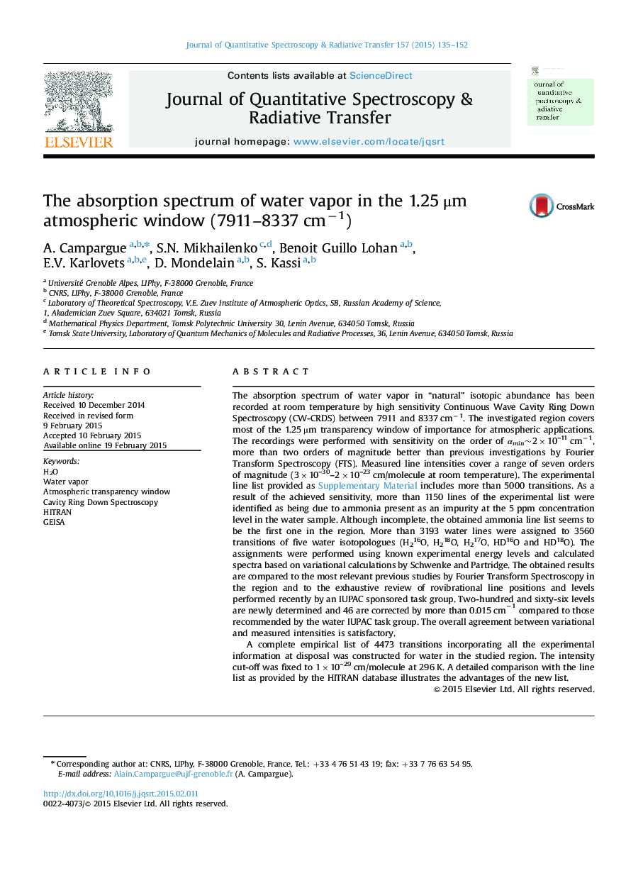 The absorption spectrum of water vapor in the 1.25 Î¼m atmospheric window (7911-8337 cmâ1)