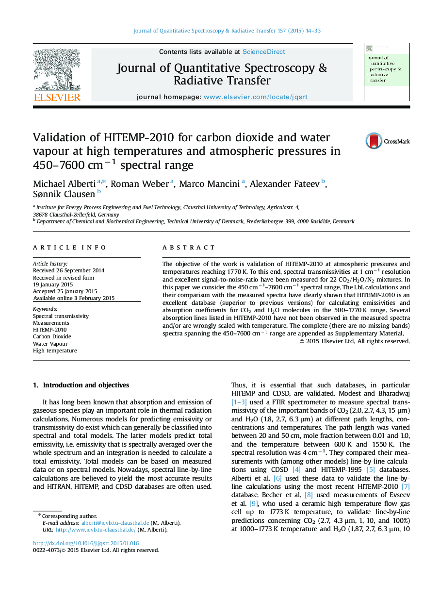 Validation of HITEMP-2010 for carbon dioxide and water vapour at high temperatures and atmospheric pressures in 450-7600 cmâ1 spectral range