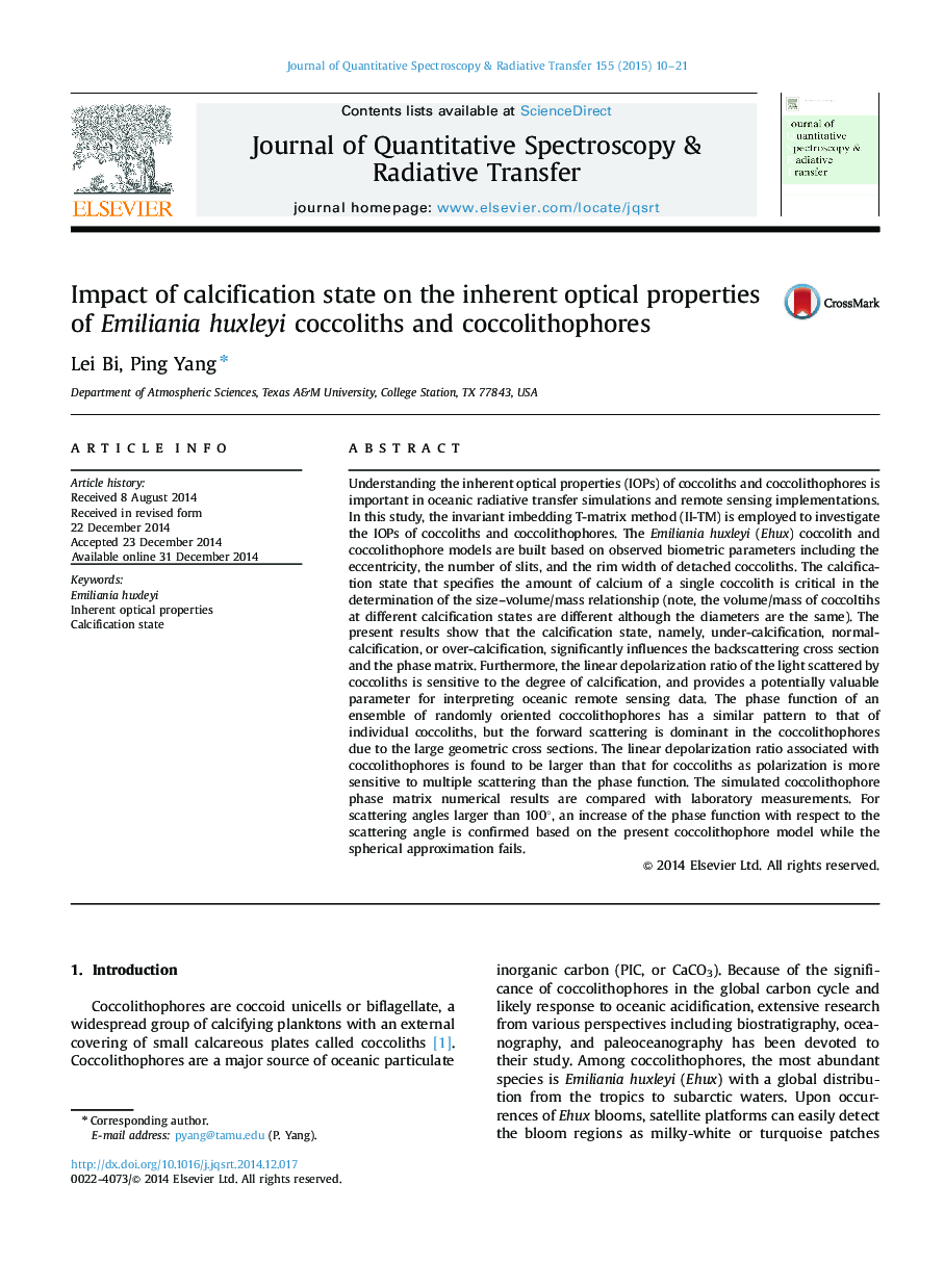 تأثیر وضعیت کلسفیکنیک بر خواص اپتیمال ذاتی امولسیونیا هکسلی کوکولیتها و کوکولیت فورها 
