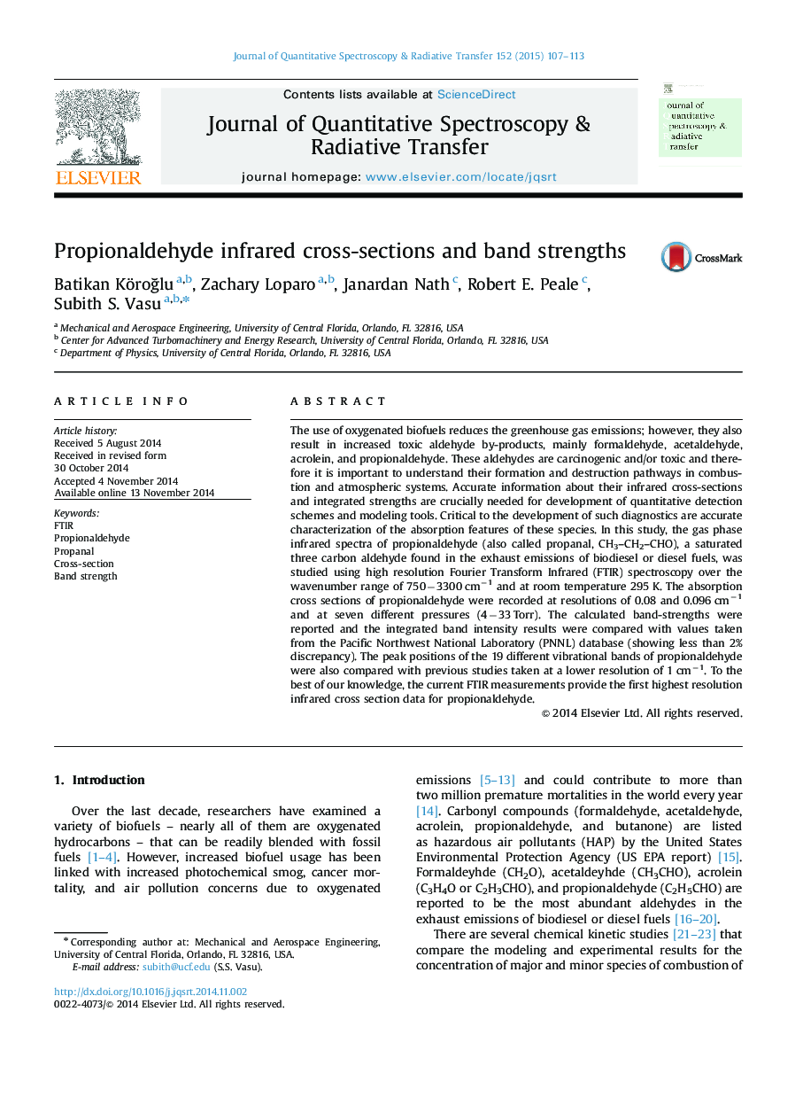 Propionaldehyde infrared cross-sections and band strengths