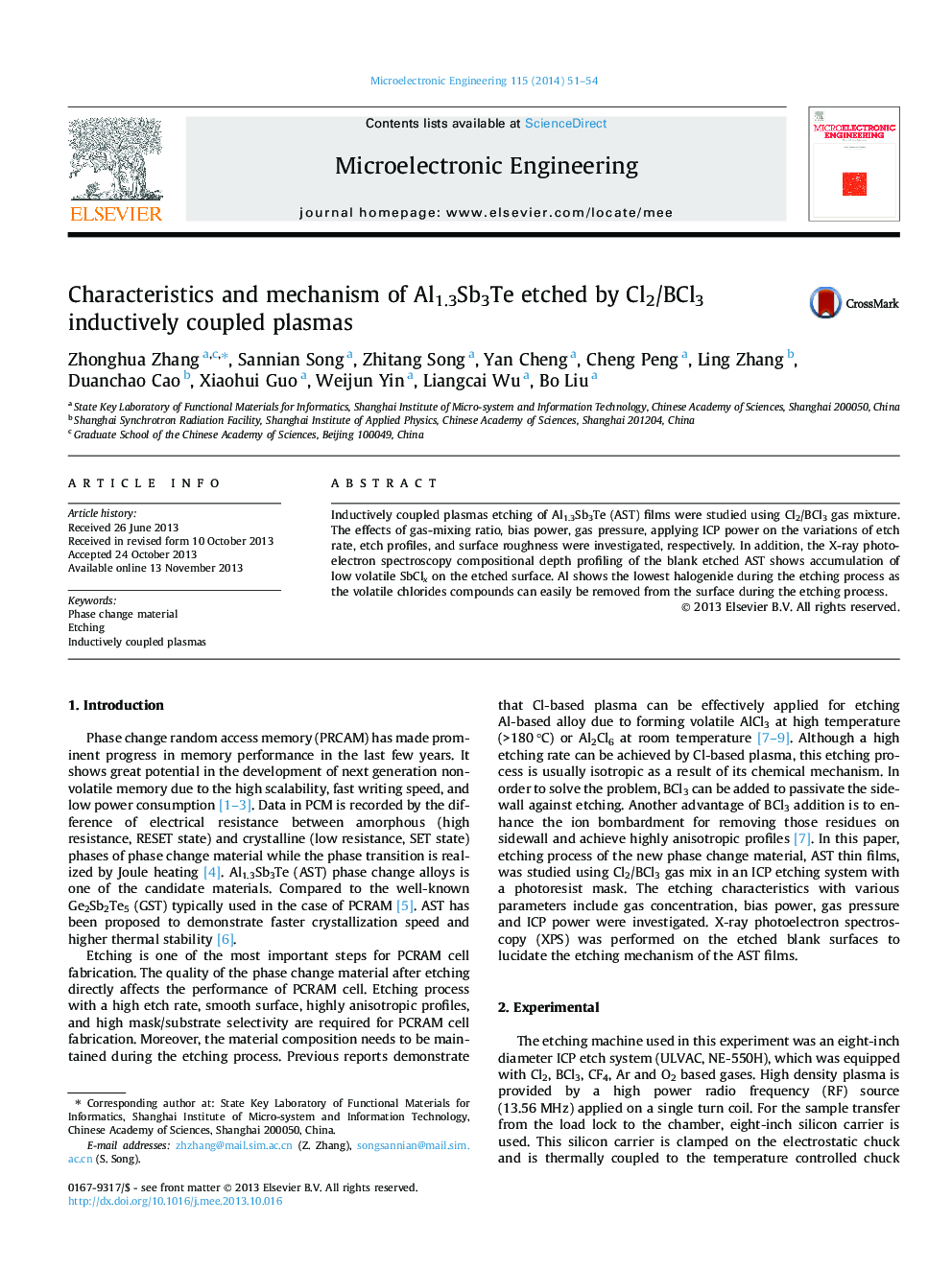 عکس صفحه اول مقاله: Characteristics and mechanism of Al1.3Sb3Te etched by Cl2/BCl3 inductively coupled plasmas Characteristics and mechanism of Al1.3Sb3Te etched by Cl2/BCl3 inductively coupled plasmas