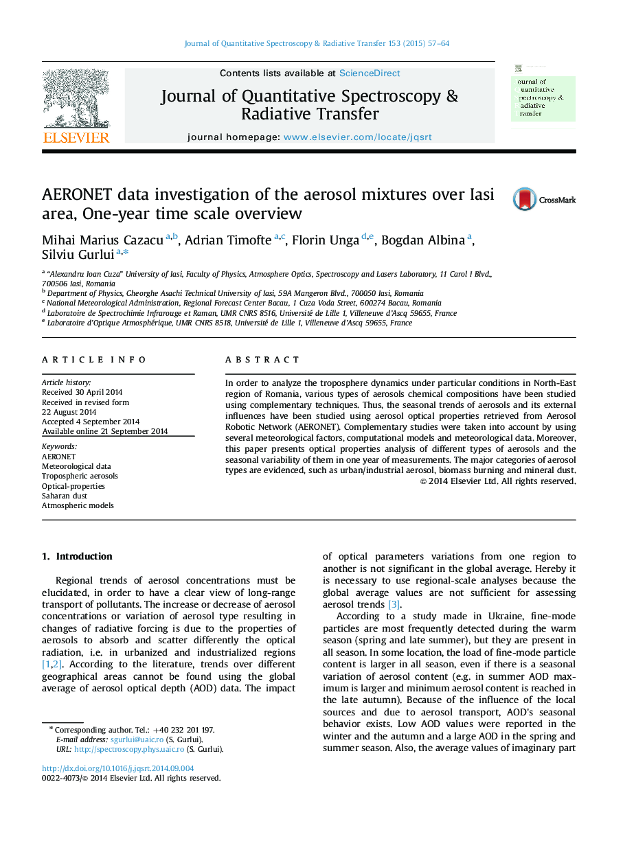 AERONET data investigation of the aerosol mixtures over Iasi area, One-year time scale overview