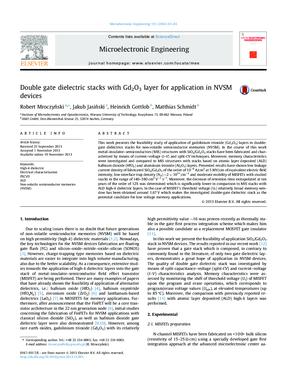 عکس صفحه اول مقاله: Double gate dielectric stacks with Gd2O3 layer for application in NVSM devices Double gate dielectric stacks with Gd2O3 layer for application in NVSM devices
