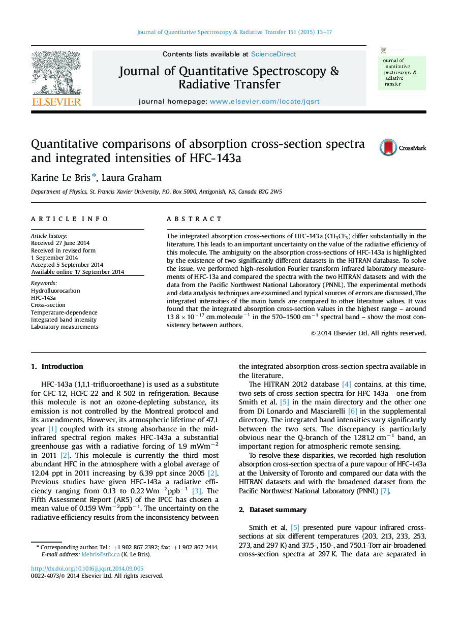 Quantitative comparisons of absorption cross-section spectra and integrated intensities of HFC-143a