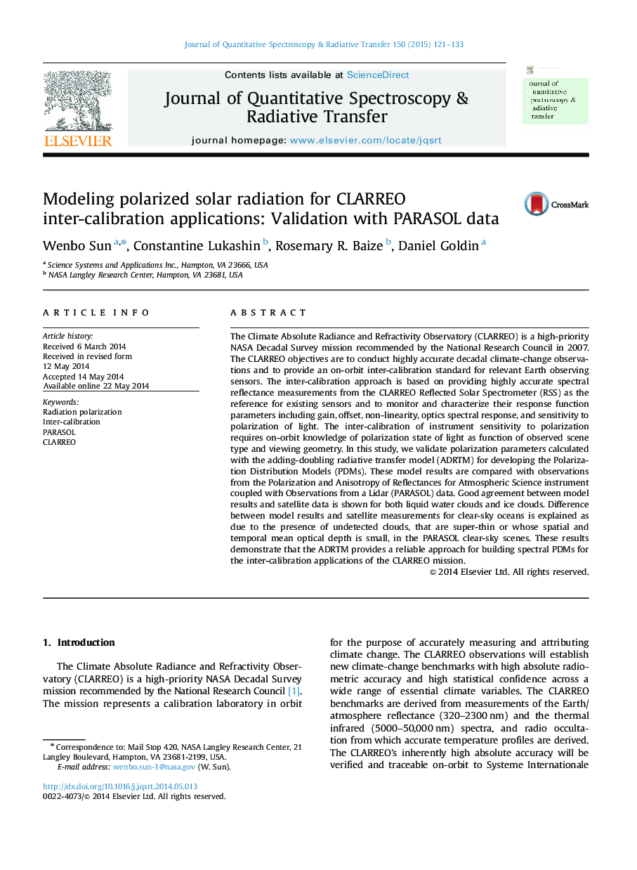 Modeling polarized solar radiation for CLARREO inter-calibration applications: Validation with PARASOL data