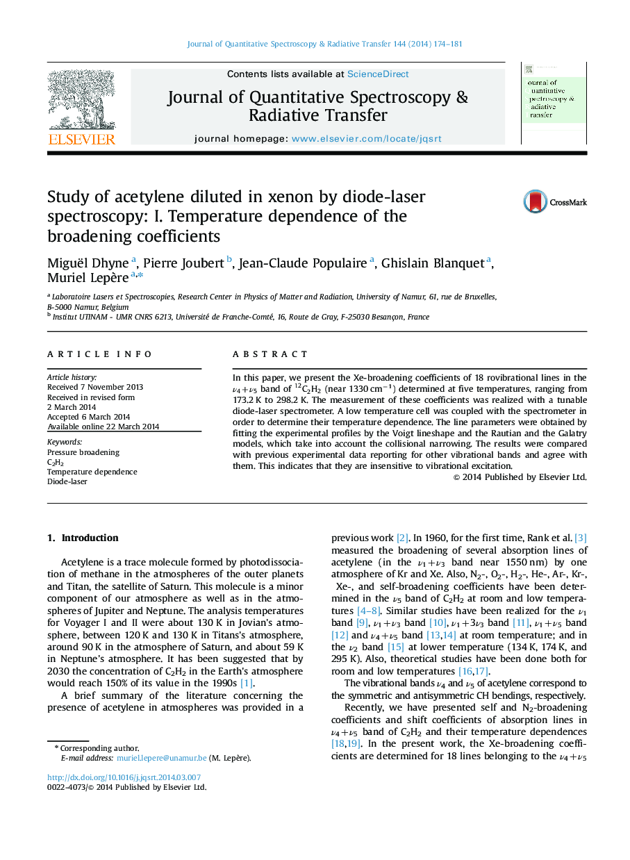 Study of acetylene diluted in xenon by diode-laser spectroscopy: I. Temperature dependence of the broadening coefficients