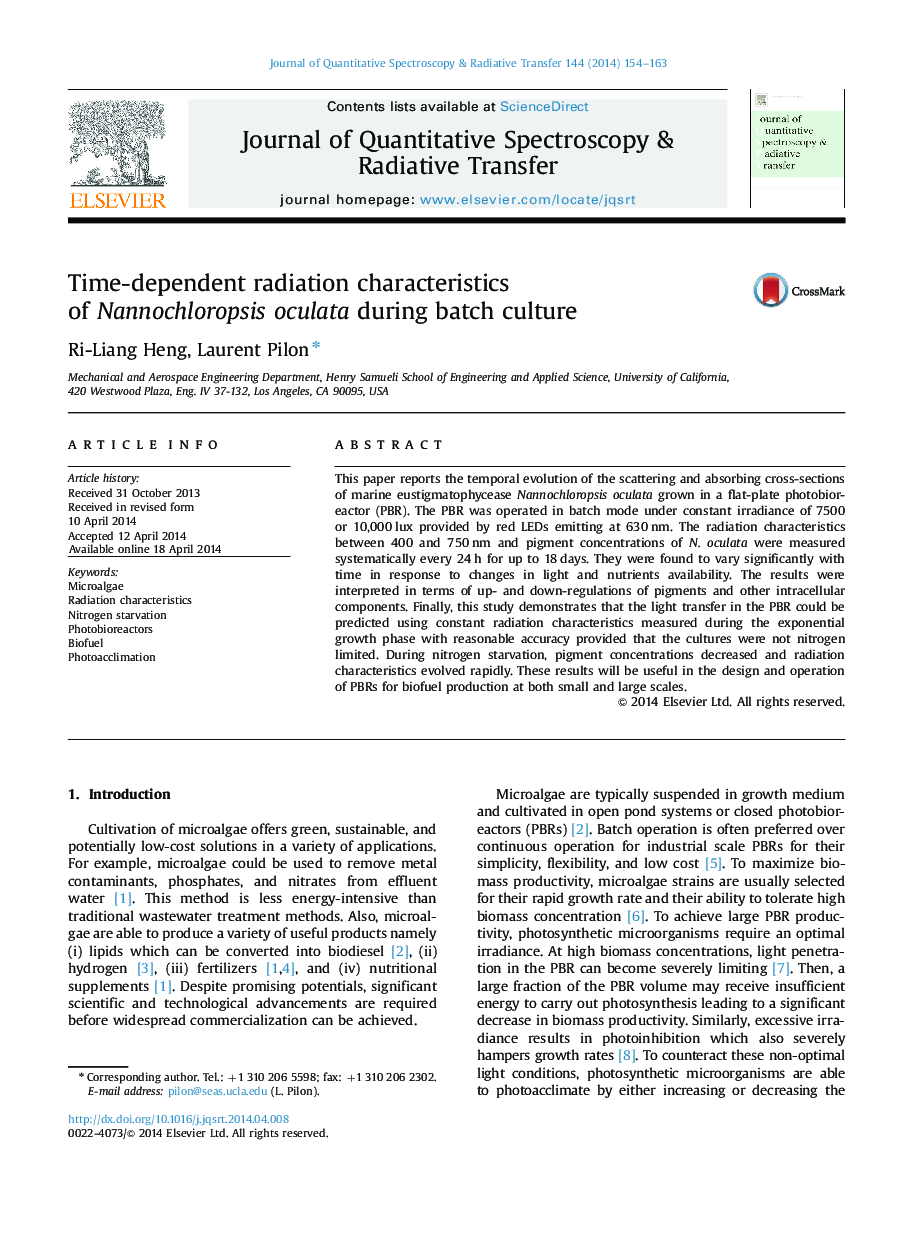 Time-dependent radiation characteristics of Nannochloropsis oculata during batch culture