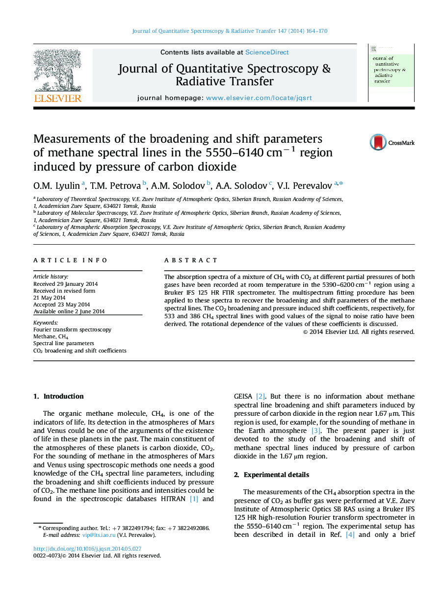 Measurements of the broadening and shift parameters of methane spectral lines in the 5550-6140 cmâ1 region induced by pressure of carbon dioxide