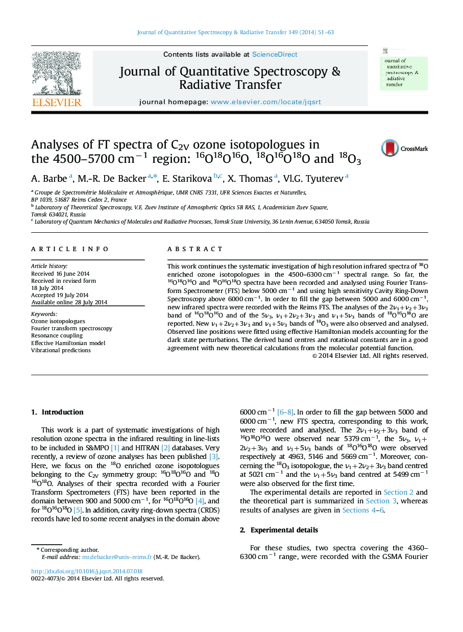 Analyses of FT spectra of C2V ozone isotopologues in the 4500-5700 cmâ1 region: 16O18O16O, 18O16O18O and 18O3