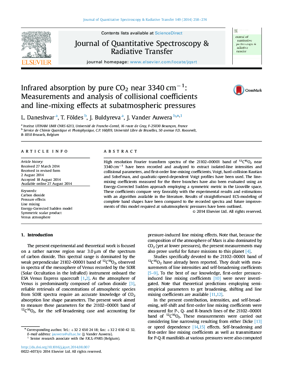 Infrared absorption by pure CO2 near 3340 cmâ1: Measurements and analysis of collisional coefficients and line-mixing effects at subatmospheric pressures