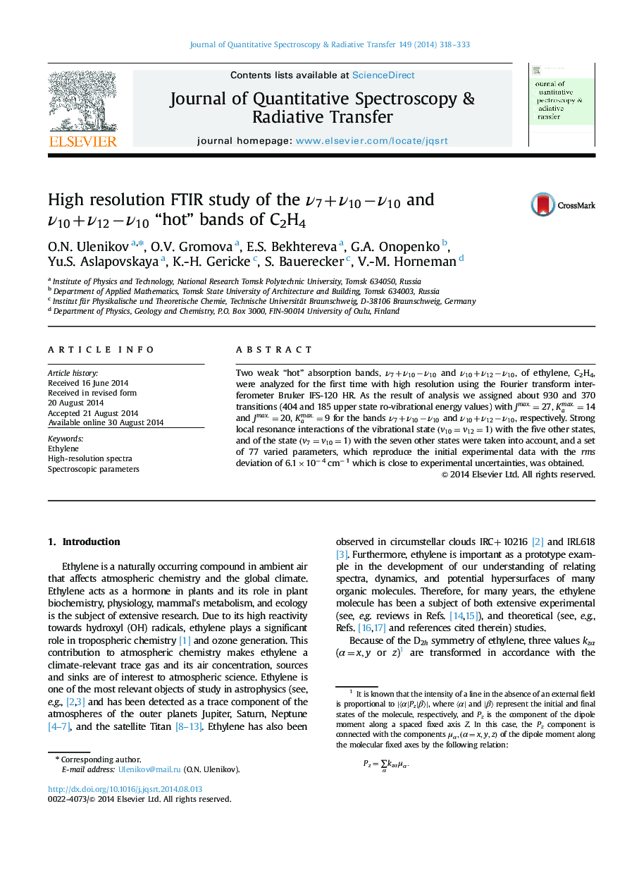 High resolution FTIR study of the Î½7+Î½10âÎ½10 and Î½10+Î½12âÎ½10 “hot” bands of C2H4