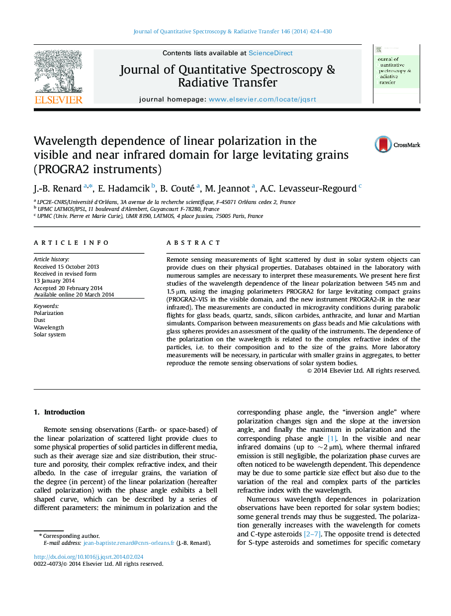 Wavelength dependence of linear polarization in the visible and near infrared domain for large levitating grains (PROGRA2 instruments)