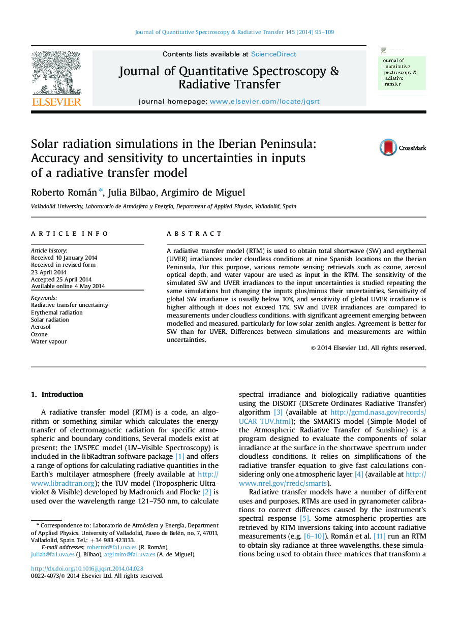 Solar radiation simulations in the Iberian Peninsula: Accuracy and sensitivity to uncertainties in inputs of a radiative transfer model