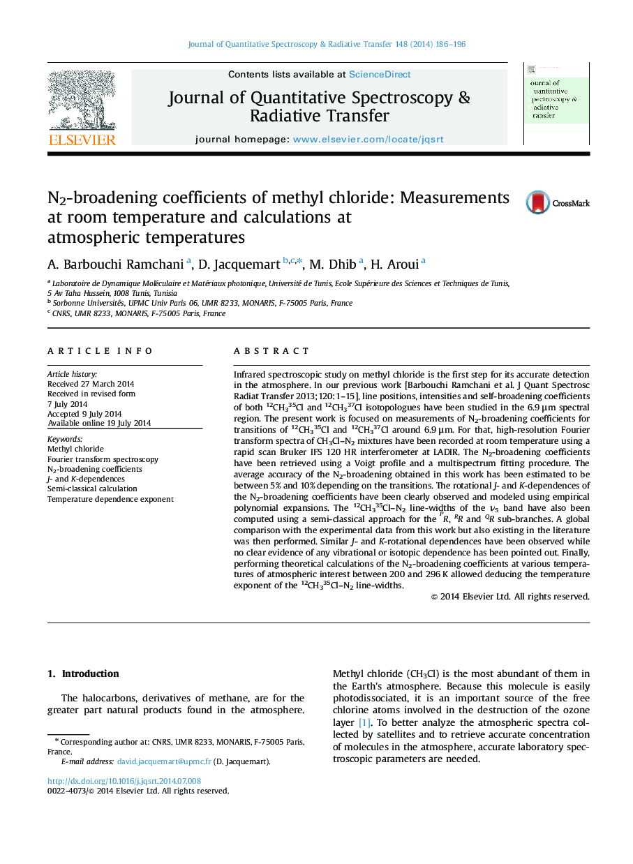 N2-broadening coefficients of methyl chloride: Measurements at room temperature and calculations at atmospheric temperatures