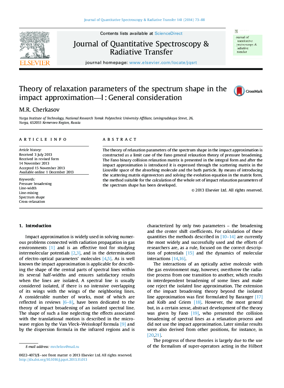 Theory of relaxation parameters of the spectrum shape in the impact approximation-I:General consideration